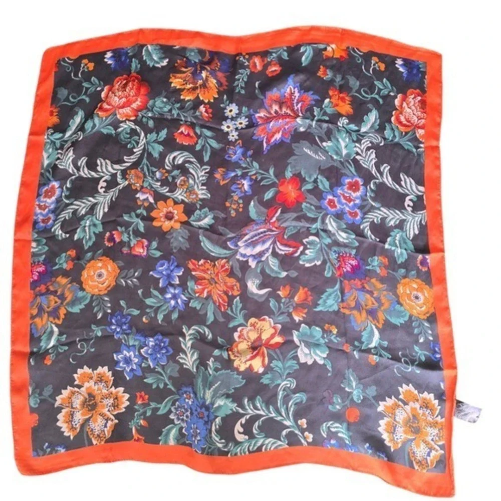 Saks Fifth‎ Avenue Floral Silk Scarf Orange Border Square Headscarf